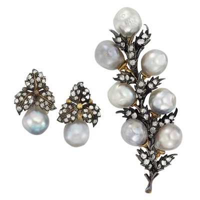 Lot 93 - Silver, Gold, Semi-Baroque Gray Cultured Pearl and Diamond Clip-Brooch and Pair of Earclips, Buccellati