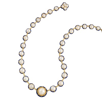 Lot 150 - Antique Gold, Natural Freshwater Pearl and Blue Enamel Necklace