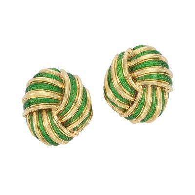 Lot 51 - Pair of Gold and Green Paillonne Enamel Earclips, Tiffany & Co.