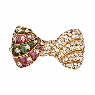 Lot 64 - Gold, Diamond, Tourmaline and Pink Tourmaline Bow Clip-Brooch, Bulgari, France