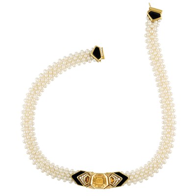 Lot 9 - Cultured Pearl Mesh, Gold, Citrine, Diamond and Black Onyx Necklace, Marina B, France