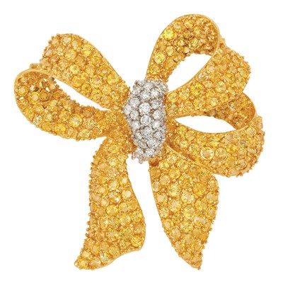 Lot 83 - Gold, Yellow Sapphire and Diamond Bow Clip-Brooch