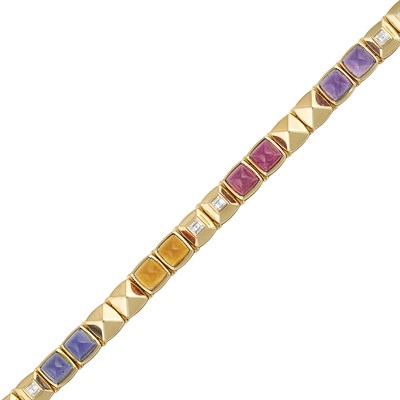 Lot 282 - Gold, Multicolored Cabochon Colored Stone and Diamond Bracelet, by Marvin Schluger