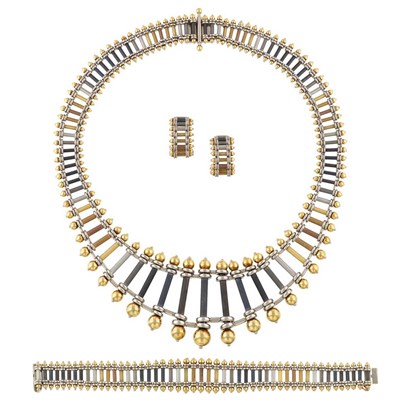 Lot 14 - Two-Color Gold and Tricolor Titanium Bracelet, Necklace and Pair of Hoop Earclips, by Marvin Schluger