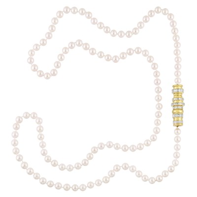 Lot 269 - Long Cultured Pearl Necklace with Gold and Diamond Clasp, by Marvin Schluger