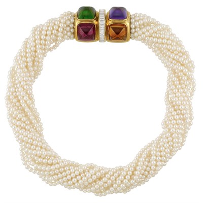 Lot 284 - Multistrand Cultured Pearl Torsade Necklace with Gold, Cabochon Gem-Set and Diamond Clasp, by Marvin Schluger