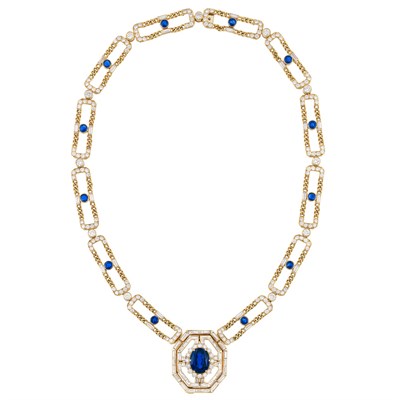 Lot 117 - Gold, Sapphire and Diamond Necklace/Clip-Brooch Combination, by Marvin Schluger
