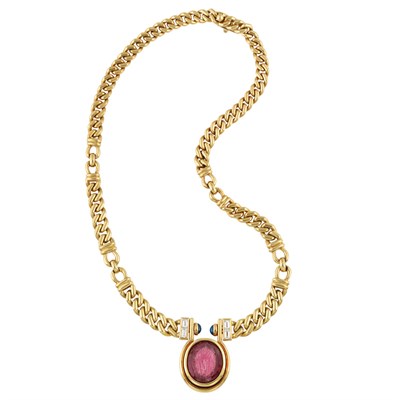 Lot 272 - Gold, Rubellite Cameo, Diamond and Cabochon Sapphire Chain Necklace, by Marvin Schluger