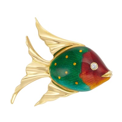 Lot 31 - Gold, Enamel and Diamond Fish Brooch, by Marvin Schluger