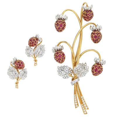 Lot 315 - Two-Color Gold, Ruby and Diamond Brooch and Pair of Earclips, by Marvin Schluger