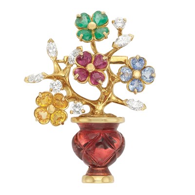 Lot 58 - Gold, Carved Pink Tourmaline, Gem-Set and Diamond Clip-Brooch, by Marvin Schluger