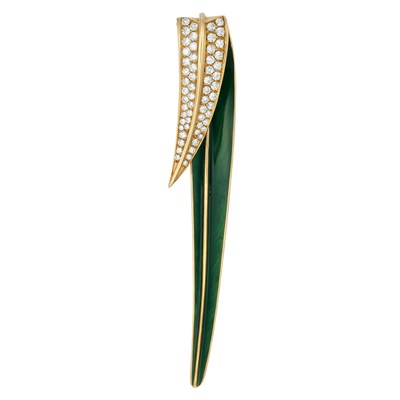 Lot 124 - Gold, Green Enamel and Diamond Leaf Brooch, by Marvin Schluger