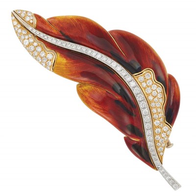Lot 35 - Gold, Enamel and Diamond Leaf Brooch, by Marvin Schluger