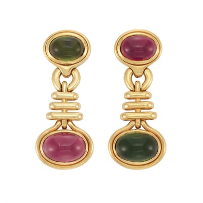 Lot 273 - Pair of Gold and Mulitcolored Cabochon Tourmaline Pendant-Earclips, by Marvin Schluger