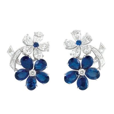 Lot 340 - Pair of Platinum, Diamond and Sapphire Flower Earclips, by Marvin Schluger