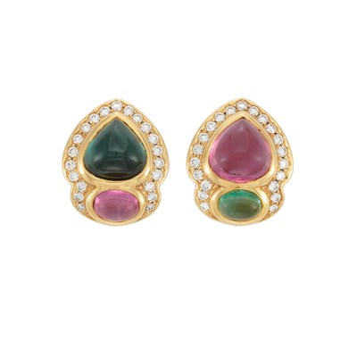 Lot 46 - Pair of Gold, Cabochon Pink Tourmaline, Tourmaline and Diamond Earclips, by Marvin Schluger