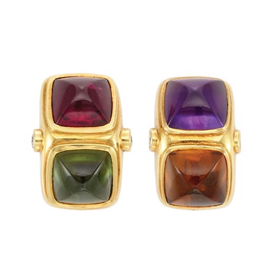 Lot 285 - Pair of Gold, Cabochon Gem-Set and Diamond Earclips, by Marvin Schluger