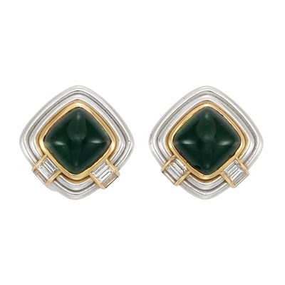Lot 119 - Pair of Platinum, Gold, Cabochon Tourmaline and Diamond Earclips, by Marvin Schluger