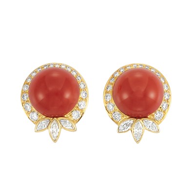 Lot 26 - Pair of Gold, Coral and Diamond Earclips, by Marvin Schluger
