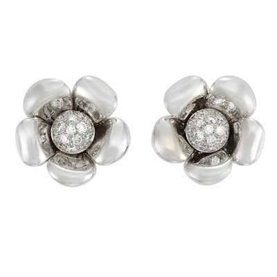 Lot 230 - Pair of White Gold and Diamond Flower Earclips, by Marvin Schluger
