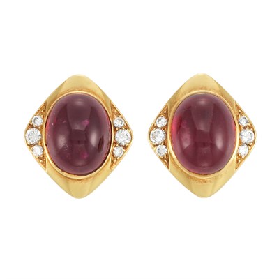 Lot 280 - Pair of Gold, Cabochon Rubellite and Diamond Earclips, by Marvin Schluger