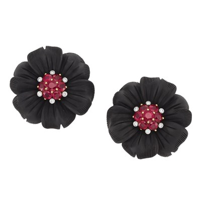 Lot 104 - Pair of Carved Black Onyx, Ruby and Diamond Flower Earclips, Aletto Bros.