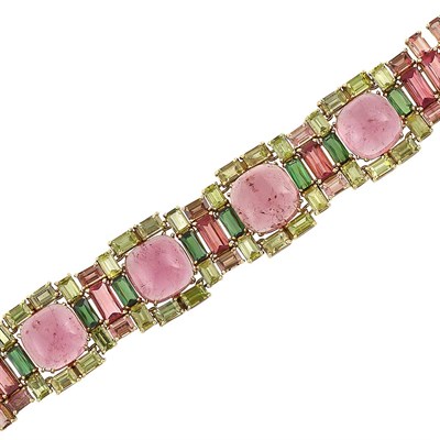 Lot 63 - Gold, Cabochon Pink Tourmaline, Peridot, Tourmaline and Pink Tourmaline Bracelet, Tony Duquette
