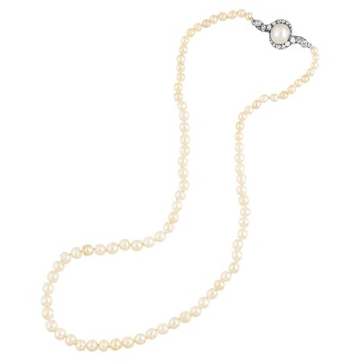 Lot 176 - Natural Pearl Necklace with Silver, Gold, Button Pearl and Diamond Clasp