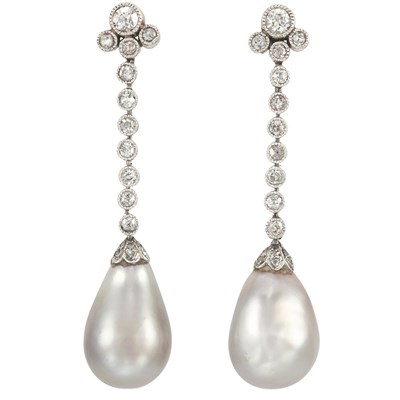 Lot 161 - Pair of Platinum, Diamond and Light Gray Natural Pearl Pendant-Earrings, France