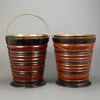 Lot 526 - Pair of English Painted Wood and Brass Buckets...