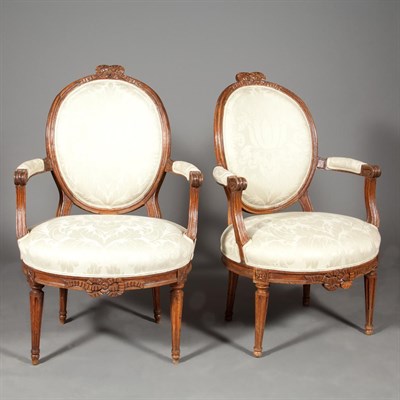 Lot 364 - Pair of Provincial Louis XVI Walnut Fauteuils...