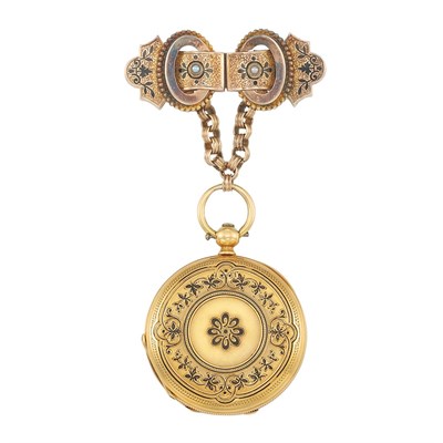 Lot 153 - Lady's Antique Gold and Black Enamel Pendant-Watch, Patek Philippe & Co., with Low Karat Gold and Enamel Lapel Pin