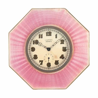 Lot 156 - Sterling Silver and Pink Guilloche Enamel 8 Days Desk Clock, Cartier