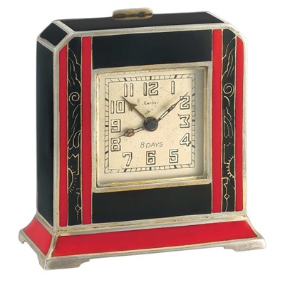 Lot 158 - Art Deco Silver and Red and Black Enamel 8 Day Desk Clock, Cartier