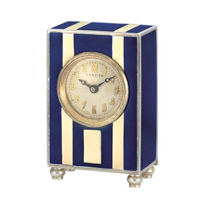 Lot 159 - Art Deco Sterling Silver and Enamel Miniature Desk Clock, Cartier