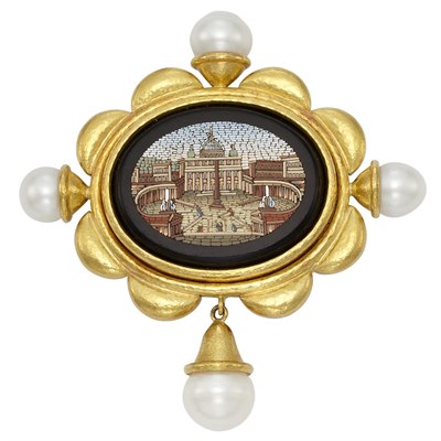 Lot 72 - Hammered Gold, Black Onyx, Micromosaic and Cultured Pearl Clip-Brooch, Elizabeth Locke