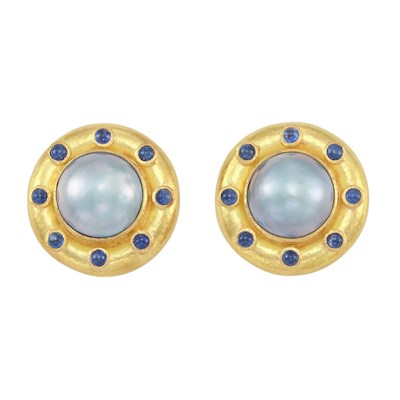 Lot 70 - Pair of Hammered Gold, Mabe Pearl, Sapphire and Gold Earclips, Elizabeth Locke