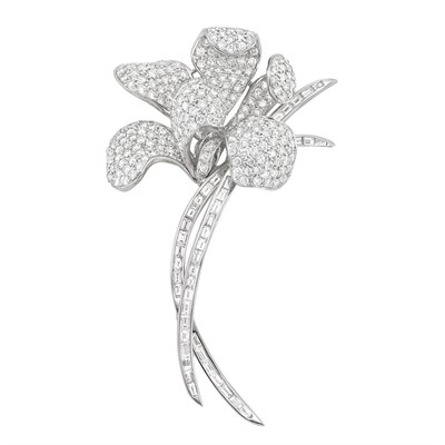 Lot 338 - White Gold and Diamond Flower Clip-Brooch