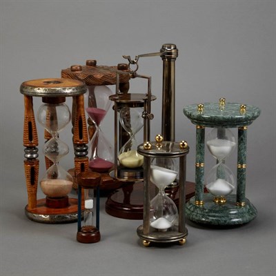 Lot 709 - Group of Six Wood and Glass Hourglasses Height...