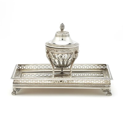 Lot 627 - French Silver and Glass Inkstand Length 7 inches.