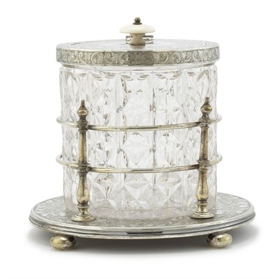 Lot 657 - English Silver Plate and Cut Glass Biscuit Box...