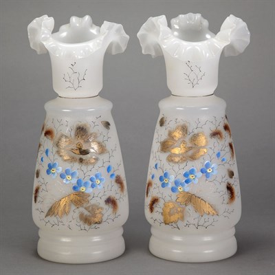 Lot 690 - Pair of Painted Milk Glass Vases Height 10 1/2...