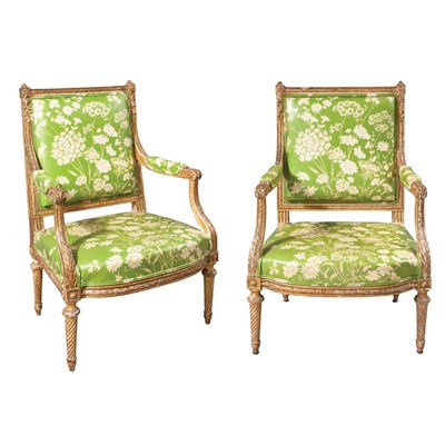 Lot 365 - Pair of Louis XVI Style Gilt-Wood Fauteuils...