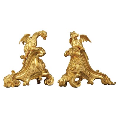 Lot 381 - Pair of Regence Style Gilt-Bronze Chenets Each...