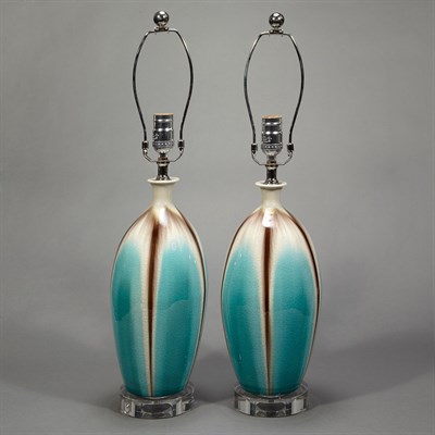 Lot 290 - Pair of Glazed Porcelain Lamps Each with a...