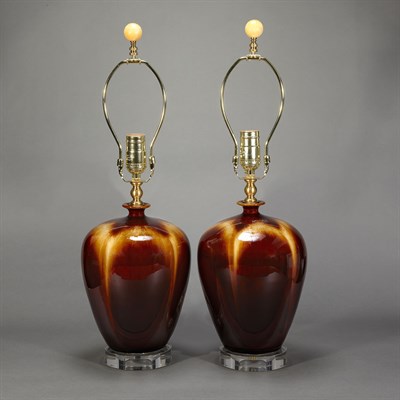 Lot 327 - Pair of Brown Glazed Porcelain Lamps Each with...