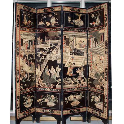 Lot 545 - Chinese Polychrome Painted Four-Panel Screen...