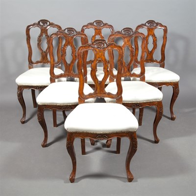 Lot 373 - Set of Six Italian Rococo Style Walnut Side...