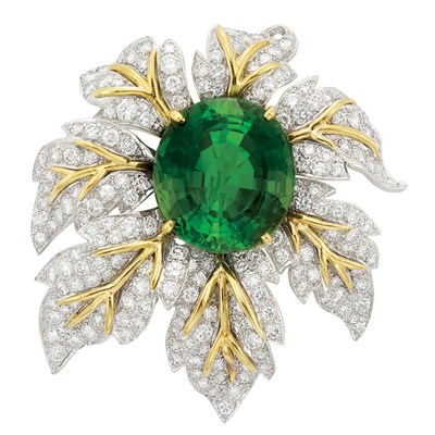 Lot 373 - Two-Color Gold, Tourmaline and Diamond Clip-Brooch