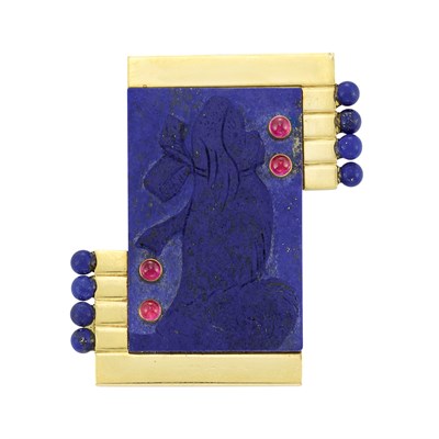 Lot 139 - Gold, Carved Lapis, Lapis Bead and Cabochon Ruby Brooch, France